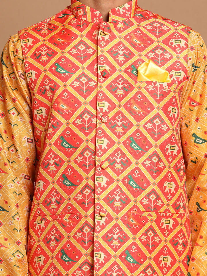 Sarvati Red Patola Print Nehru Jacket With Yellow Printed kurta & Cream Pyjama