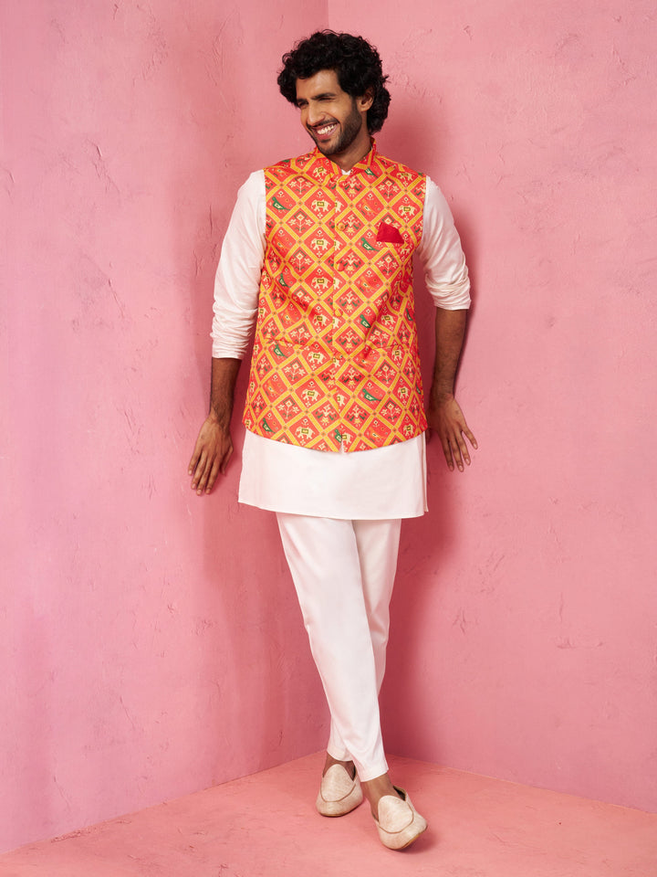 Men's Red Patola Print Nehru Jacket with Cream Kurta Pyjama