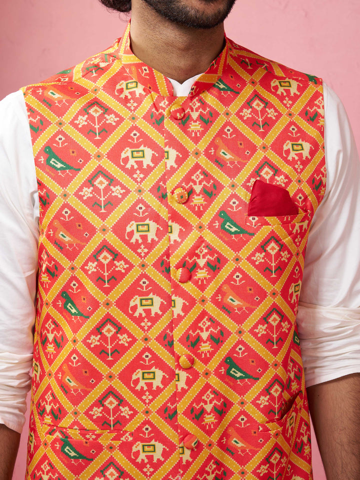 Men's Red Patola Print Nehru Jacket with Cream Kurta Pyjama