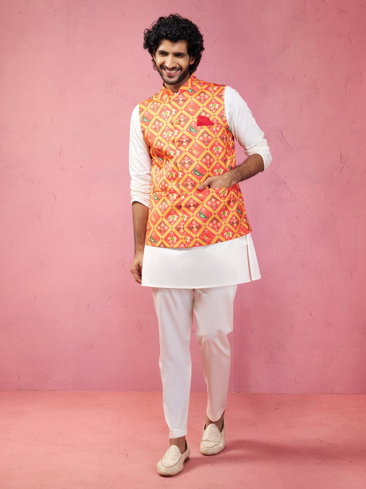 Men's Red Patola Print Nehru Jacket with Cream Kurta Pyjama