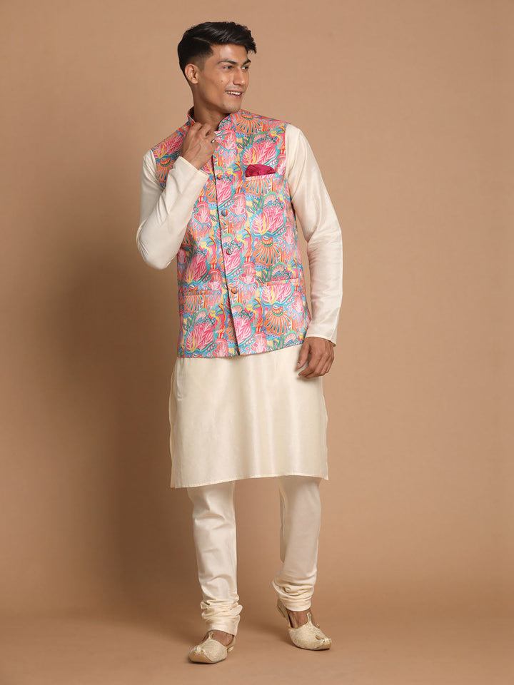 Sarvati Men's Multi-Color Printed Nehru Jacket With Solid Kurta & Pyjama Set