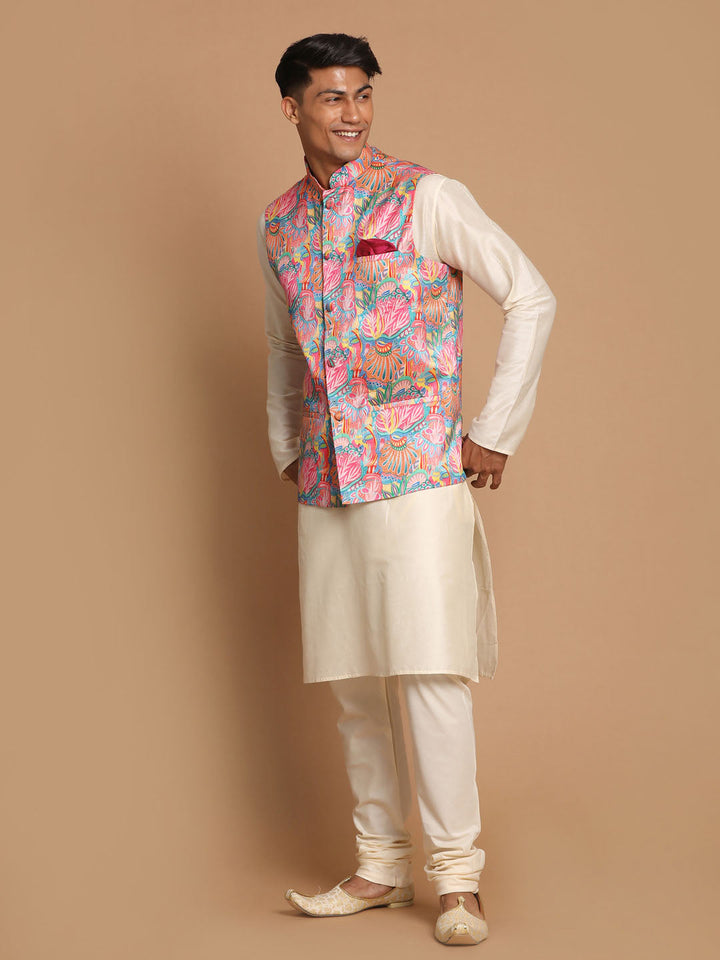 Sarvati Men's Multi-Color Printed Nehru Jacket With Solid Kurta & Pyjama Set