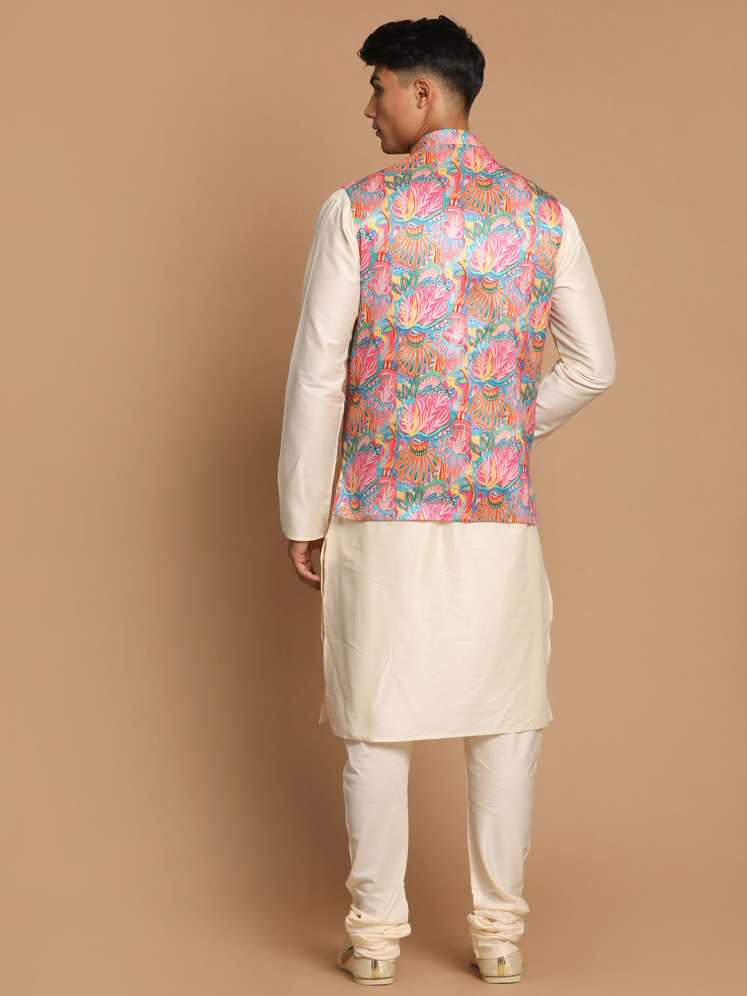 Sarvati Men's Multi-Color Printed Nehru Jacket With Solid Kurta & Pyjama Set