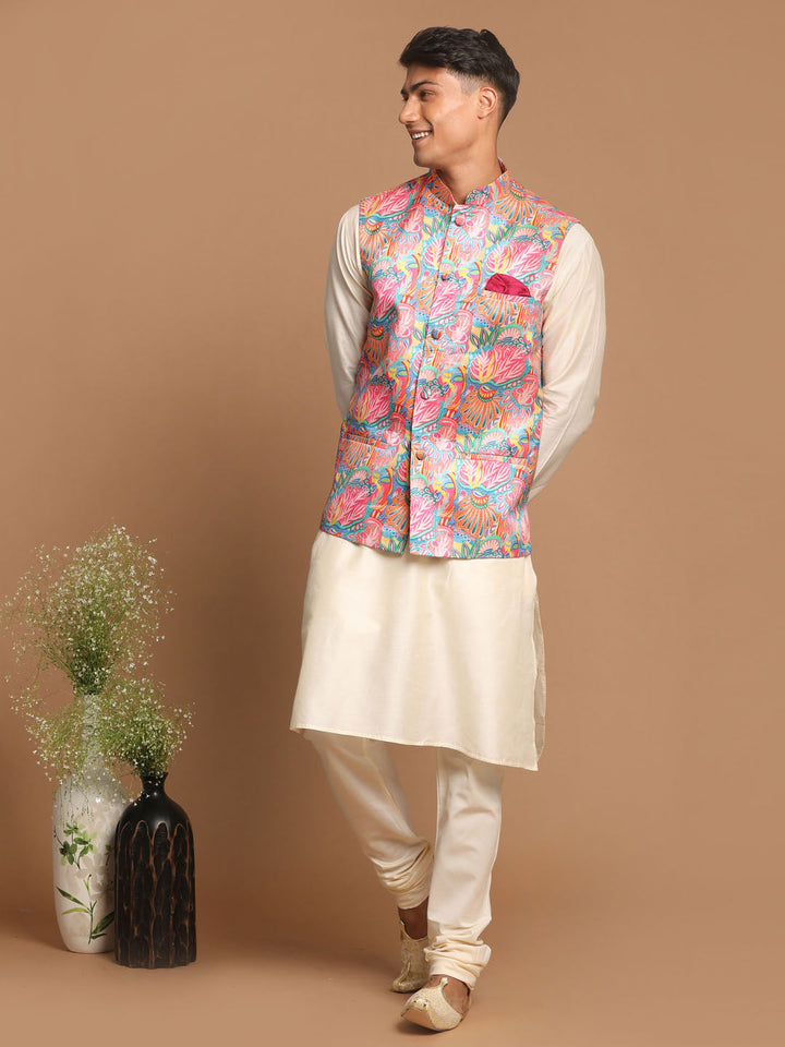 Sarvati Men's Multi-Color Printed Nehru Jacket With Solid Kurta & Pyjama Set