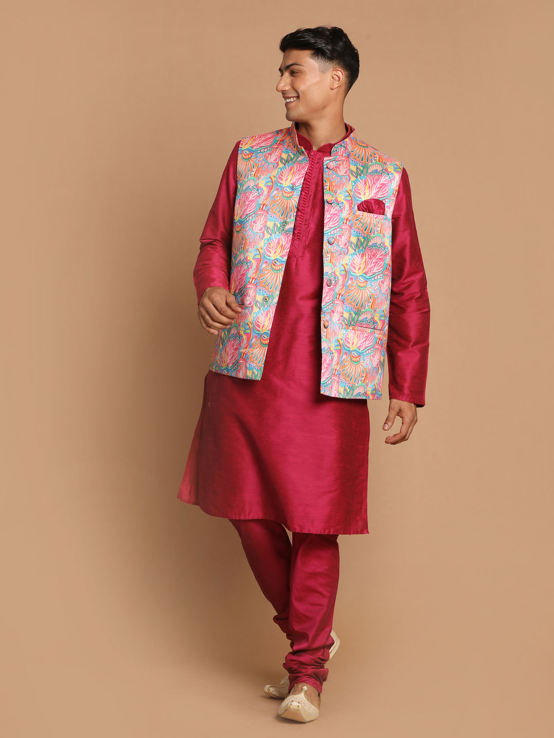 Sarvati Men's Multi-Color Printed Nehru Jacket With Solid Kurta & Pyjama Set