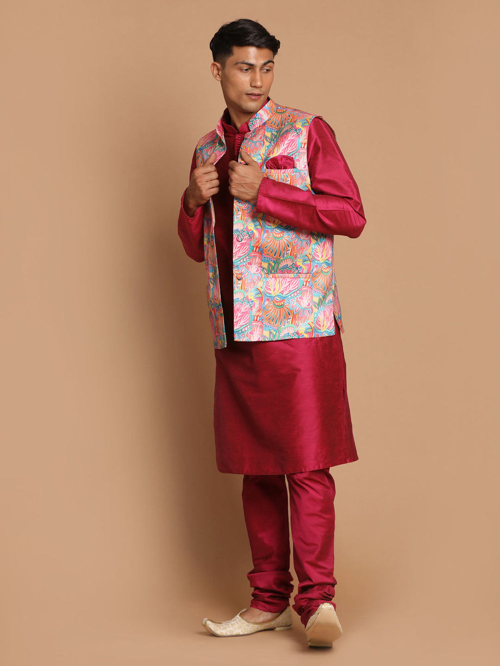 Sarvati Men's Multi-Color Printed Nehru Jacket With Solid Kurta & Pyjama Set