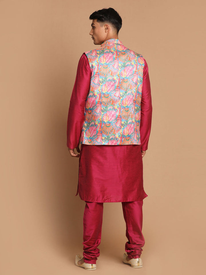 Sarvati Men's Multi-Color Printed Nehru Jacket With Solid Kurta & Pyjama Set