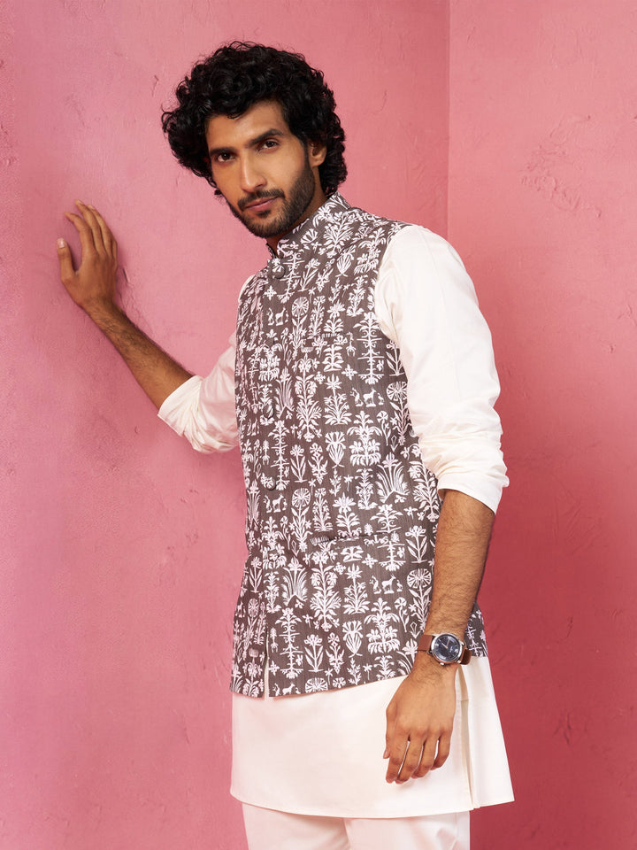 Men's Mehdi Green And White Printed Cotton Blend Nehru Jacket