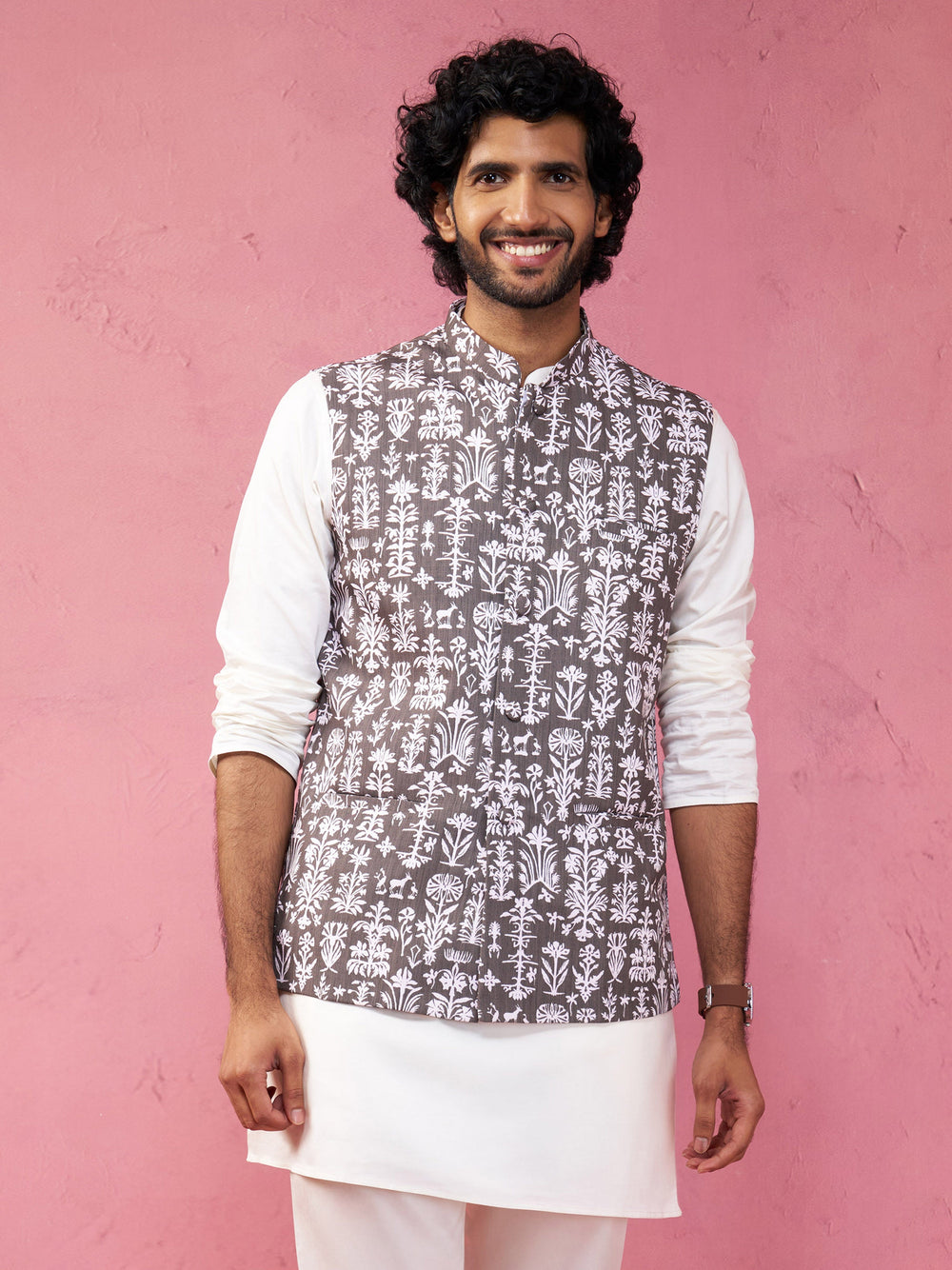 Men's Mehdi Green And White Printed Cotton Blend Nehru Jacket
