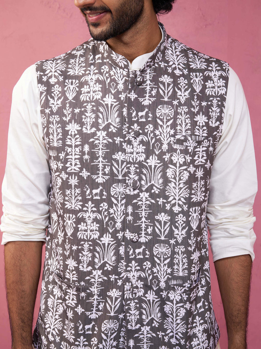 Men's Mehdi Green And White Printed Cotton Blend Nehru Jacket
