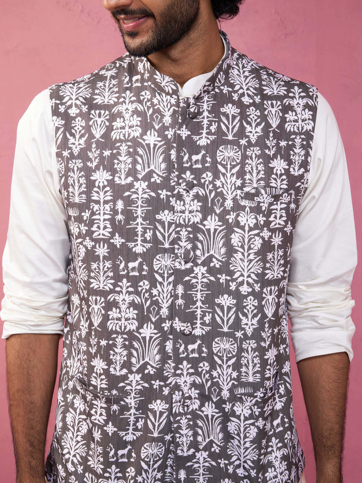 Men's Mehdi Green And White Printed Cotton Blend Nehru Jacket