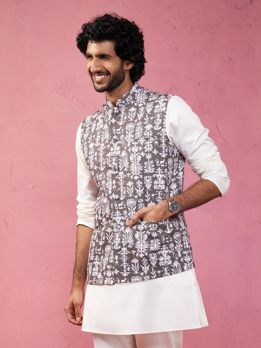 Men's Mehdi Green And White Printed Cotton Blend Nehru Jacket