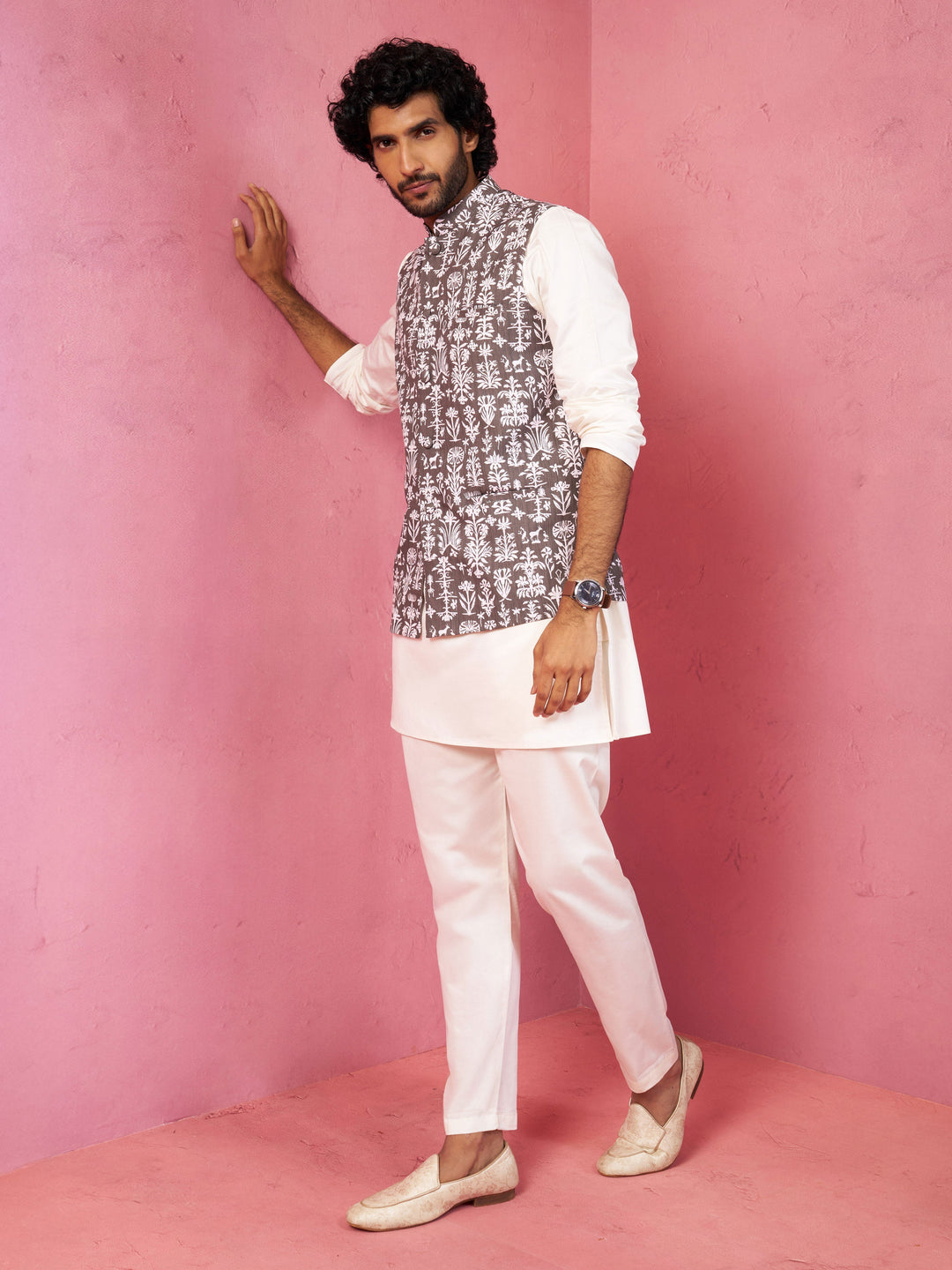 Men's Mehdi Green And White Printed Cotton Blend Nehru Jacket