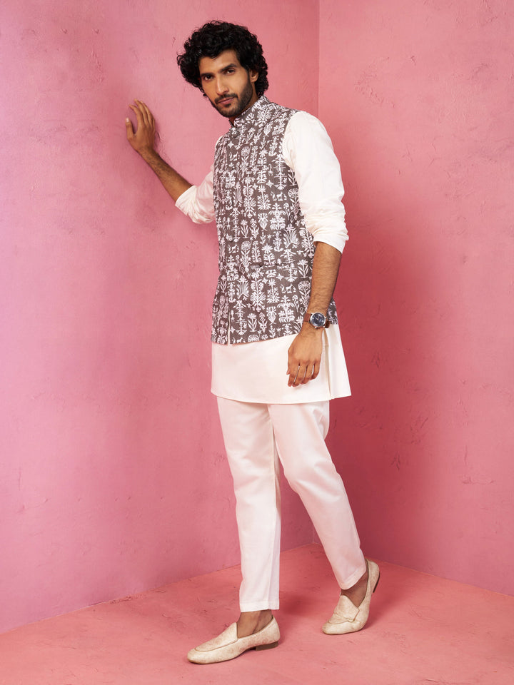 Men's Mehdi Green And White Printed Cotton Blend Nehru Jacket