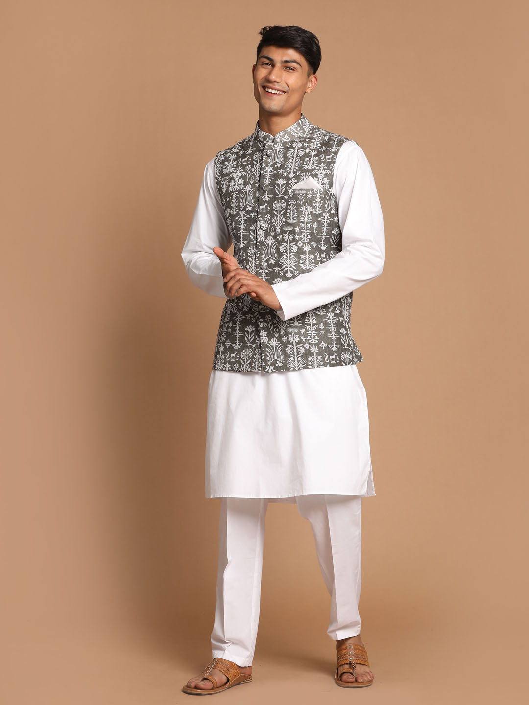 Sarvati Men's Mehendi Green Printed Nehru Jacket With White Solid kurta & Pant Set