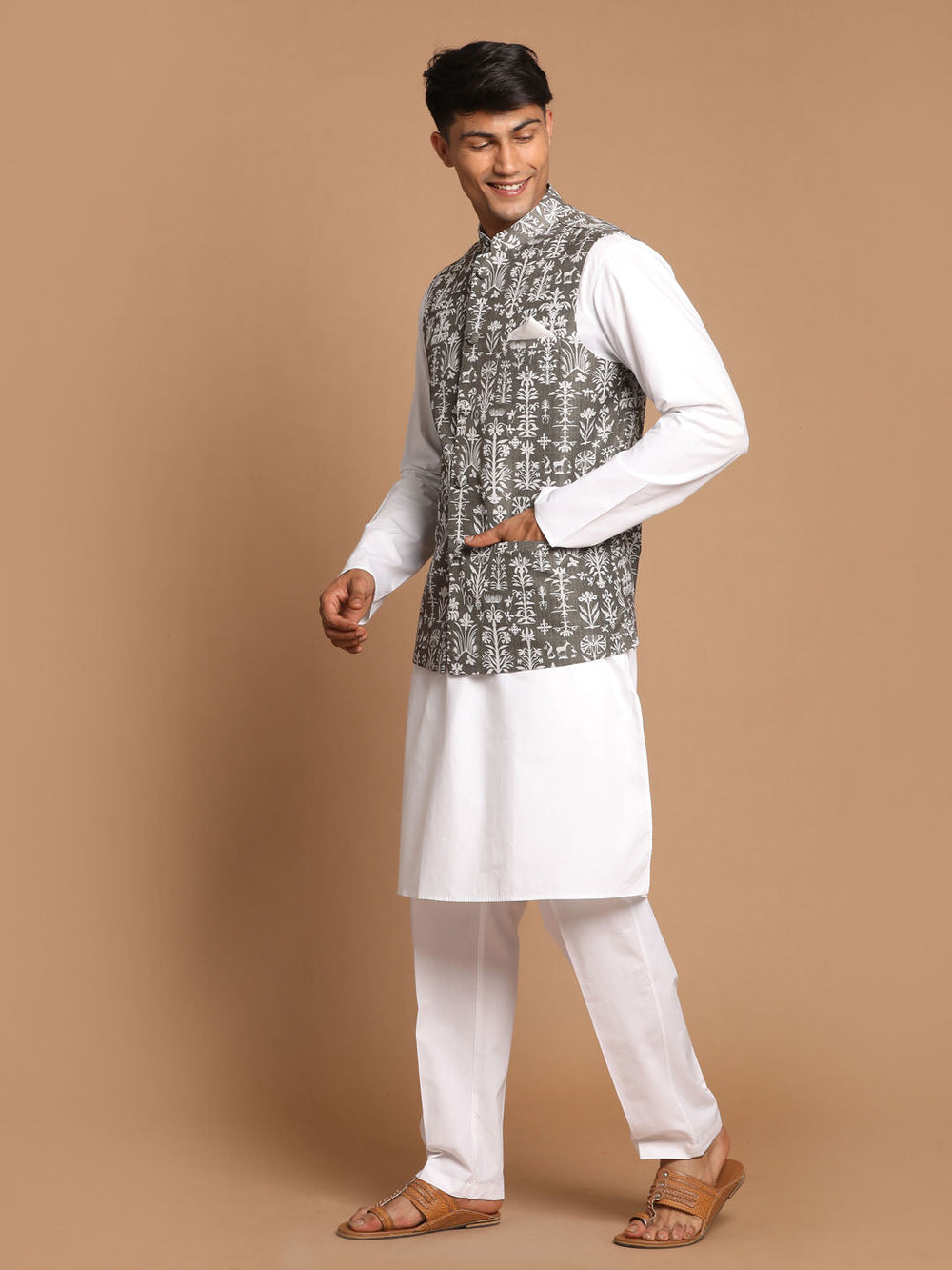 Sarvati Men's Mehendi Green Printed Nehru Jacket With White Solid kurta & Pant Set