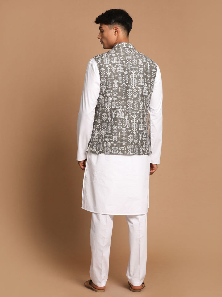 Sarvati Men's Grey Printed Nehru Jacket With White Solid kurta & White Cotton Pant Set