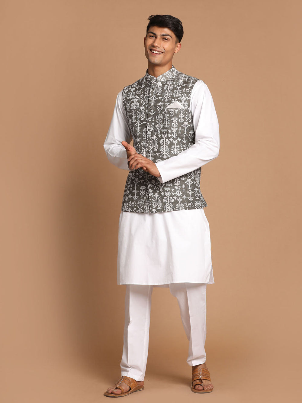 Sarvati Men's Grey Printed Nehru Jacket With White Solid kurta & White Cotton Pant Set