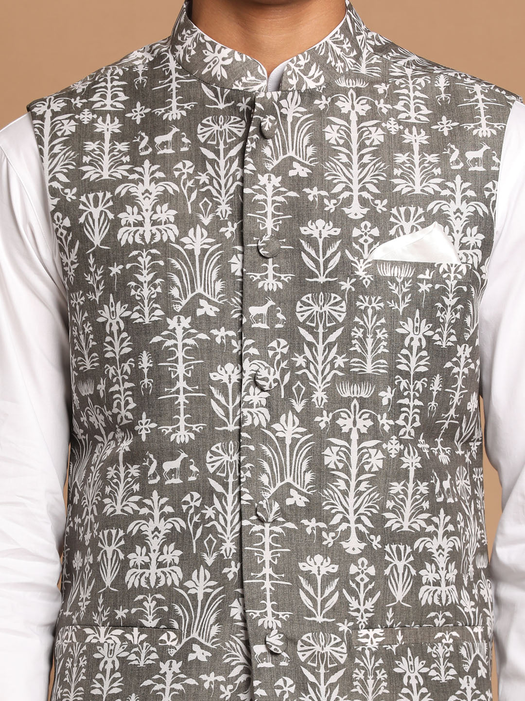 Sarvati Men's Grey Printed Nehru Jacket With White Solid kurta & White Cotton Pant Set