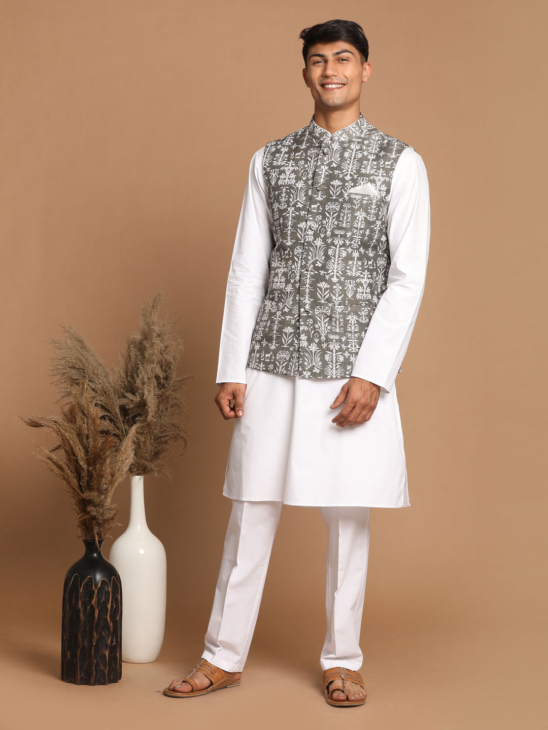 Sarvati Men's Grey Printed Nehru Jacket With White Solid kurta & White Cotton Pant Set