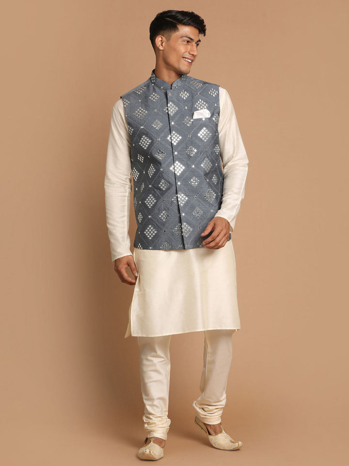 Sarvati Men's Grey Mirror-Work Silk Blend Nehru Jacket With Solid Kurta & Pyjama Set