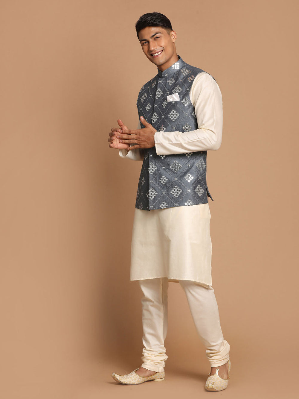 Sarvati Men's Grey Mirror-Work Silk Blend Nehru Jacket With Solid Kurta & Pyjama Set