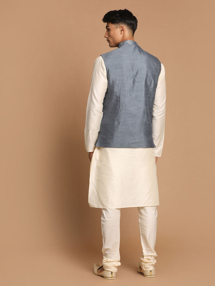 Sarvati Men's Grey Mirror-Work Silk Blend Nehru Jacket With Solid Kurta & Pyjama Set