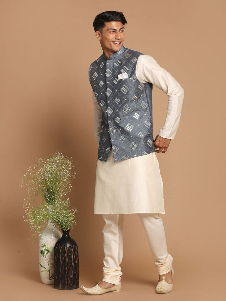 Sarvati Men's Grey Mirror-Work Silk Blend Nehru Jacket With Solid Kurta & Pyjama Set