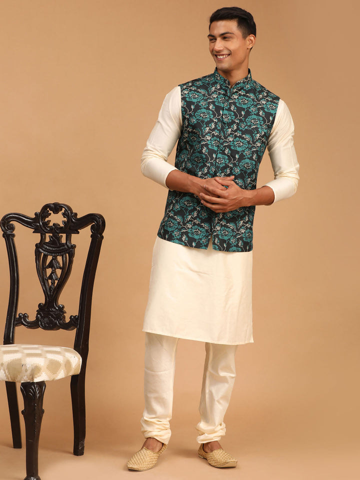 Sarvati Men's Green Printed Nehru Jacket With Cream Solid kurta & Pyjama Set