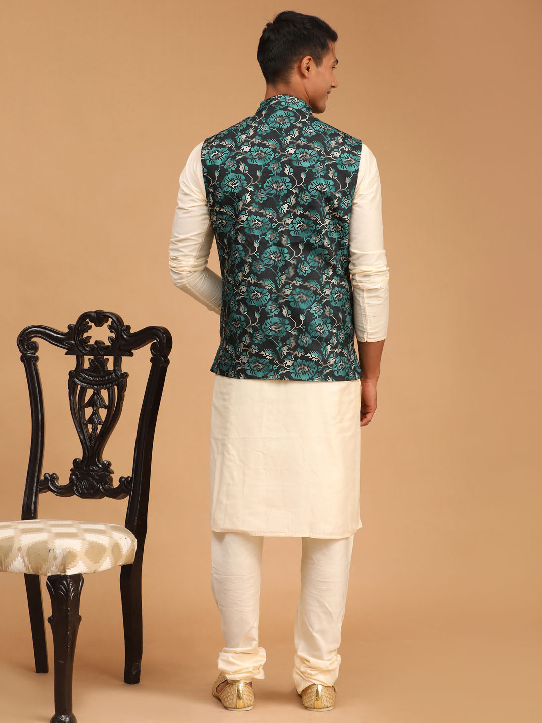 Sarvati Men's Green Printed Nehru Jacket With Cream Solid kurta & Pyjama Set