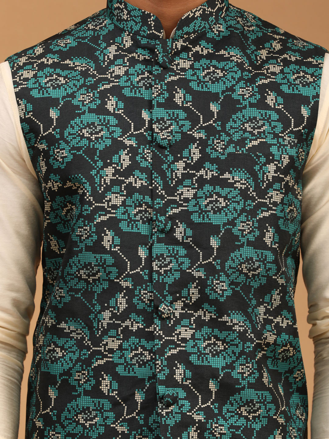 Sarvati Men's Green Printed Nehru Jacket With Cream Solid kurta & Pyjama Set