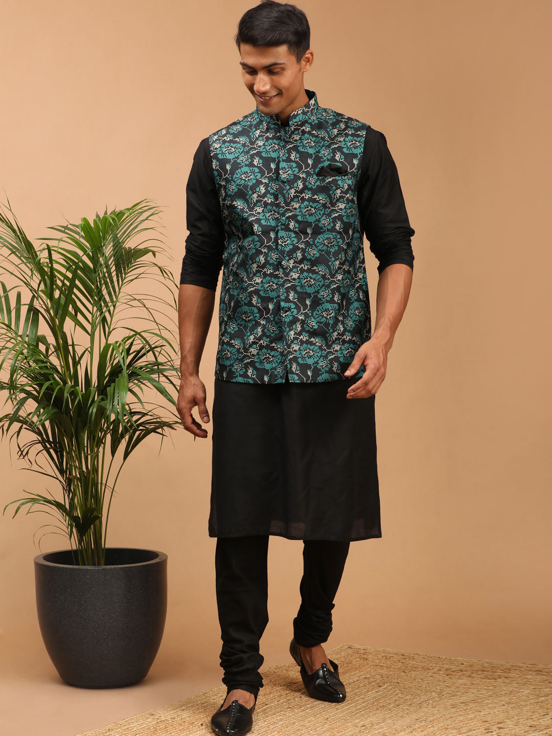 Sarvati Men's Green Printed Nehru Jacket With Black Solid kurta & Pyjama Set