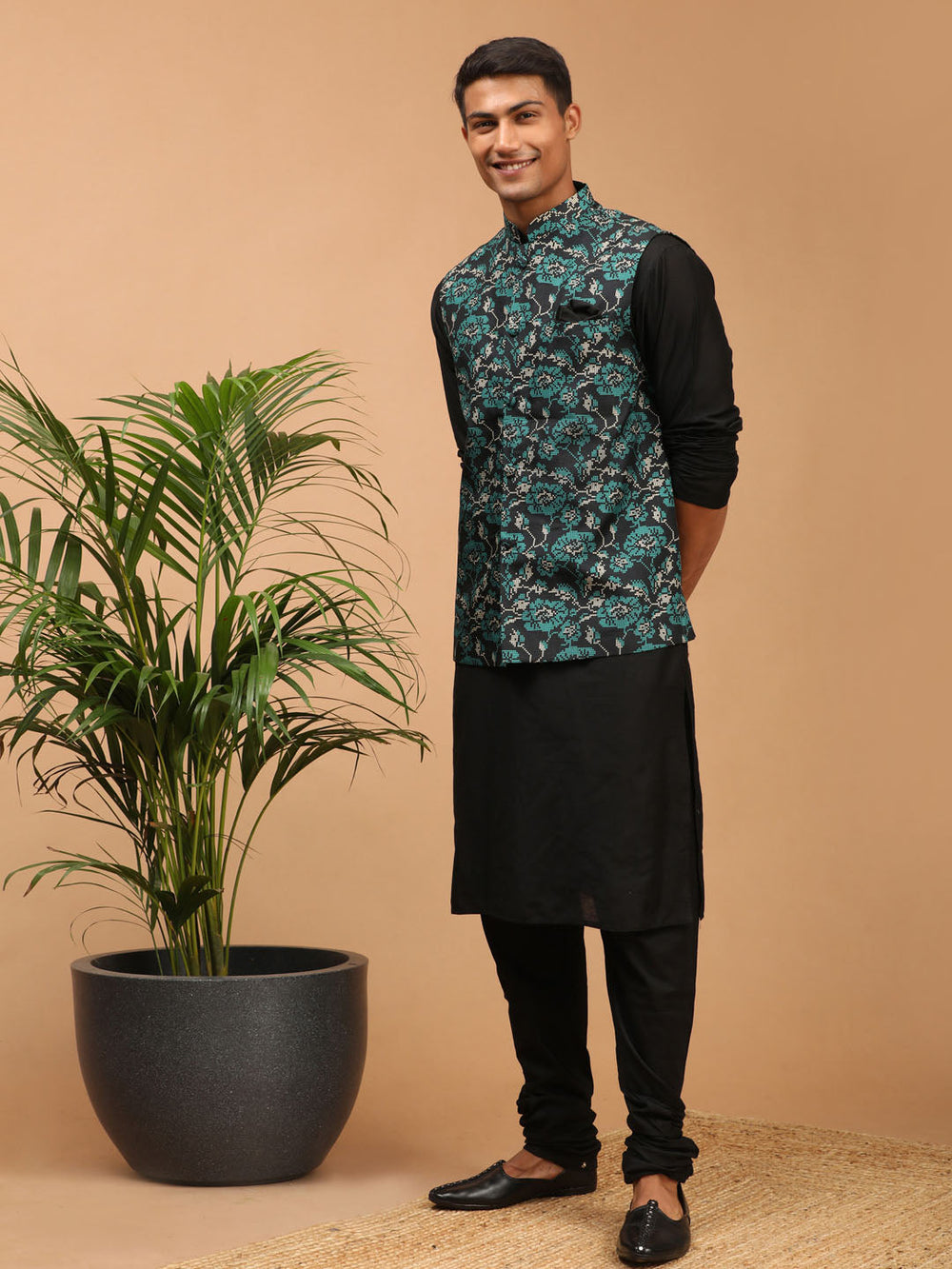 Sarvati Men's Green Printed Nehru Jacket With Black Solid kurta & Pyjama Set