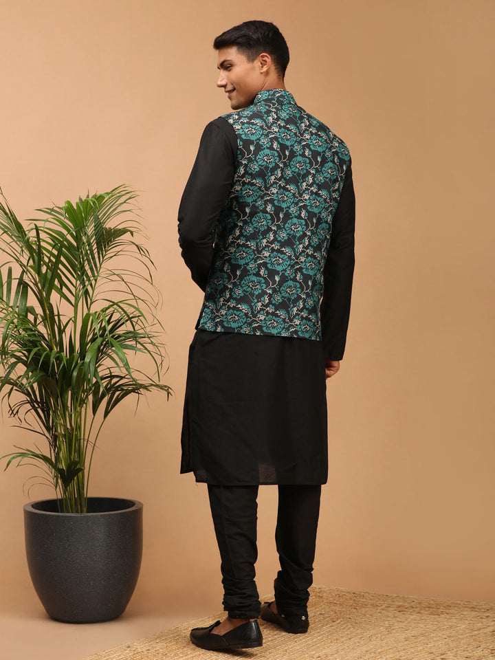 Sarvati Men's Green Printed Nehru Jacket With Black Solid kurta & Pyjama Set