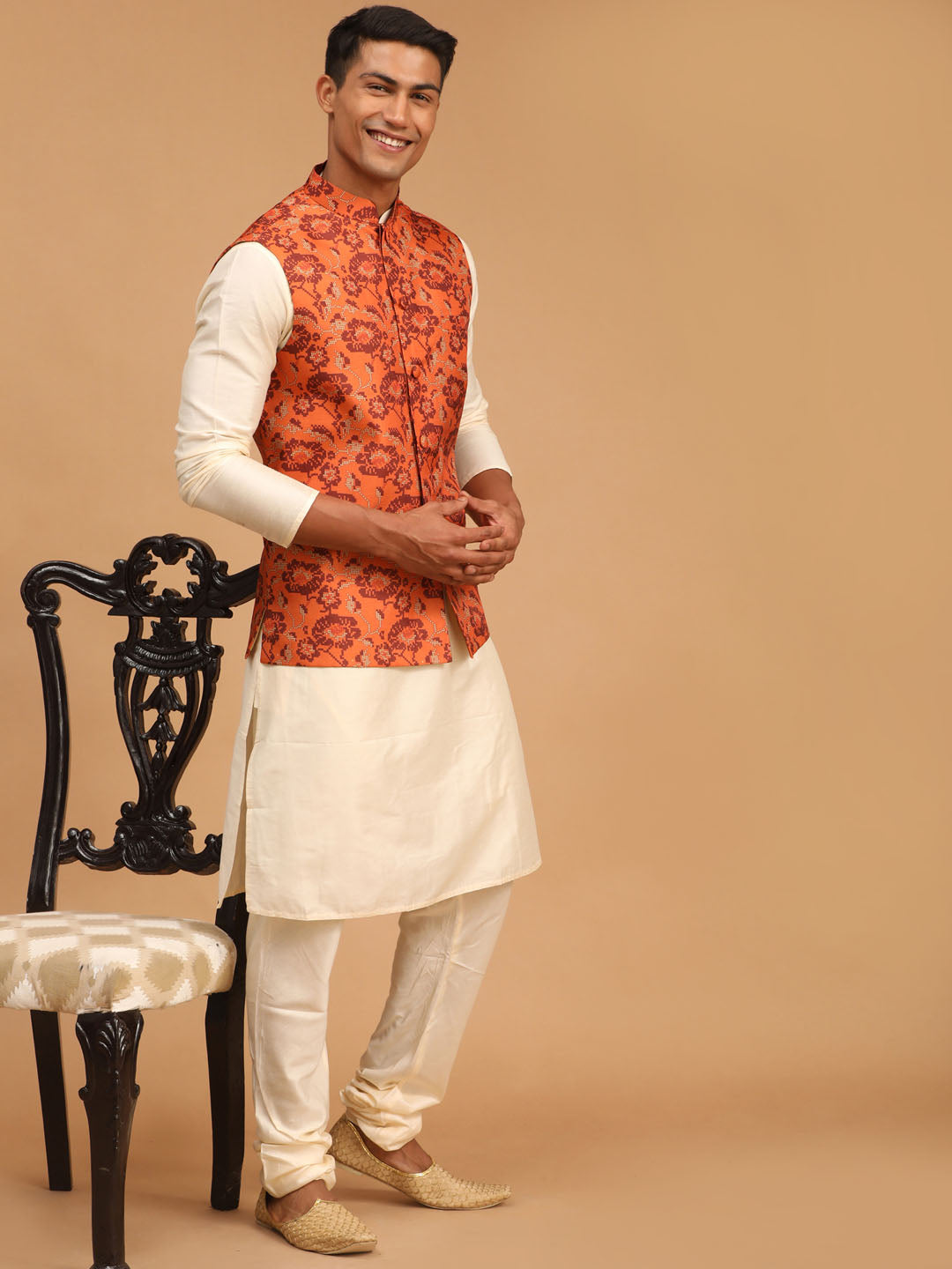 Sarvati Men's Rust Printed Nehru Jacket With Cream Solid kurta & Pyjama Set