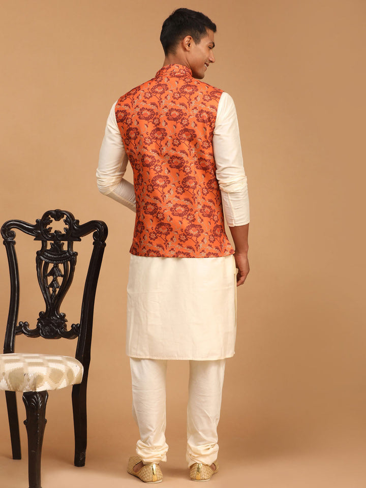 Sarvati Men's Rust Printed Nehru Jacket With Cream Solid kurta & Pyjama Set