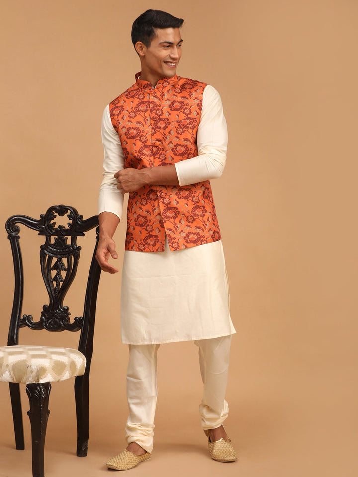 Sarvati Men's Rust Printed Nehru Jacket With Cream Solid kurta & Pyjama Set