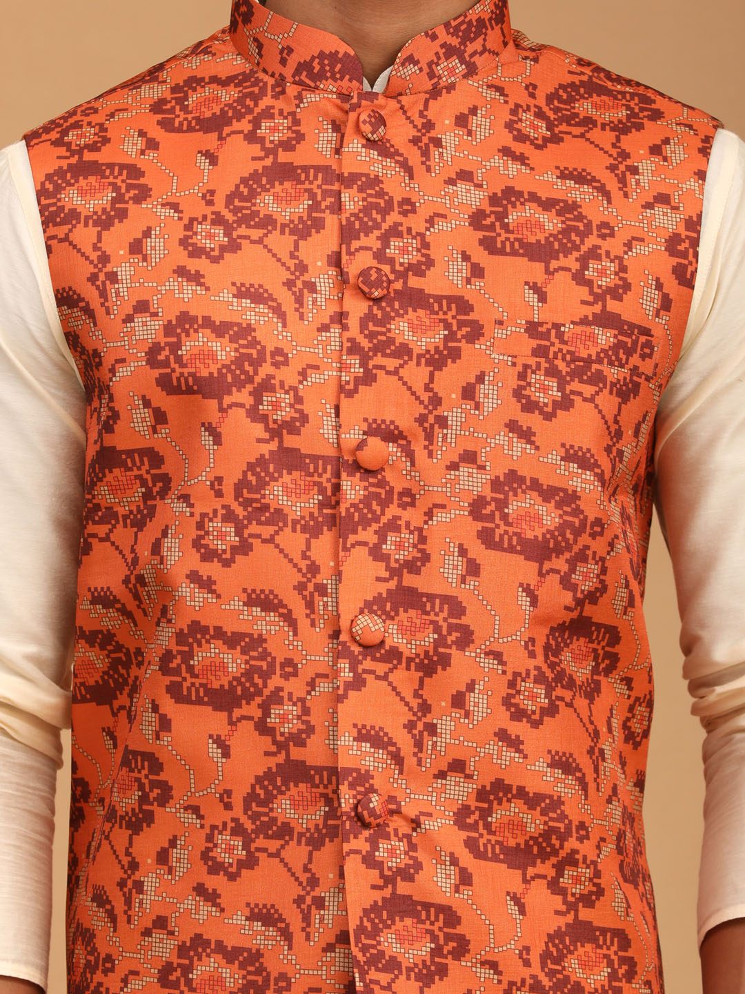 Sarvati Men's Rust Printed Nehru Jacket With Cream Solid kurta & Pyjama Set