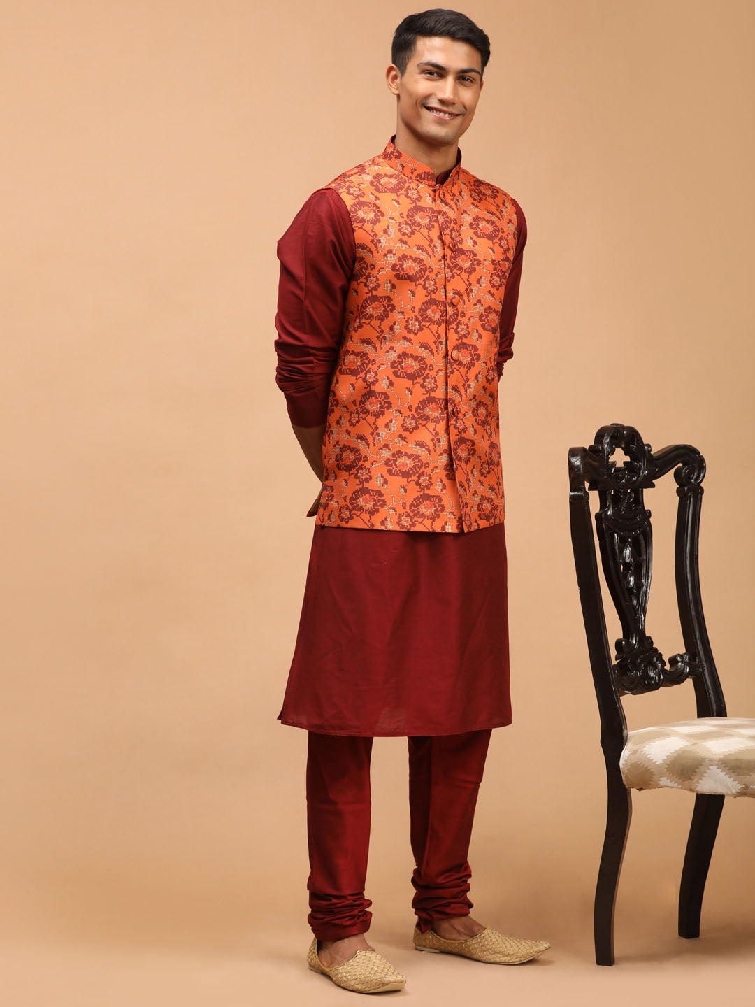 Sarvati Men's Rust Printed Nehru Jacket With Maroon Solid kurta & Pyjama Set