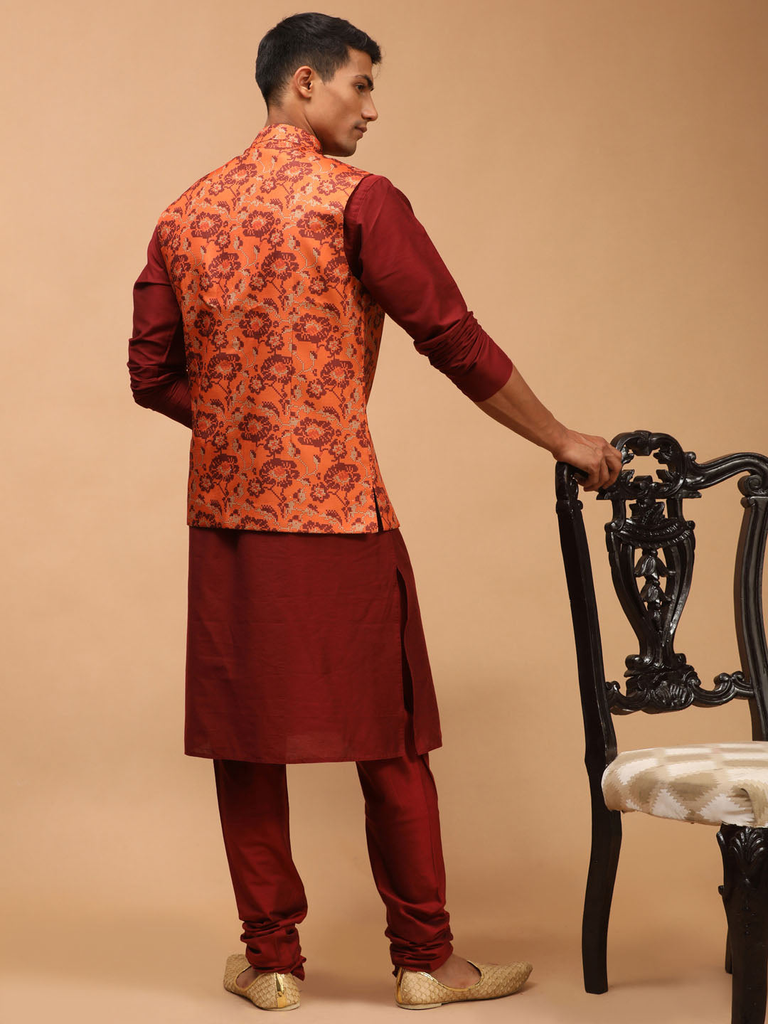 Sarvati Men's Rust Printed Nehru Jacket With Maroon Solid kurta & Pyjama Set