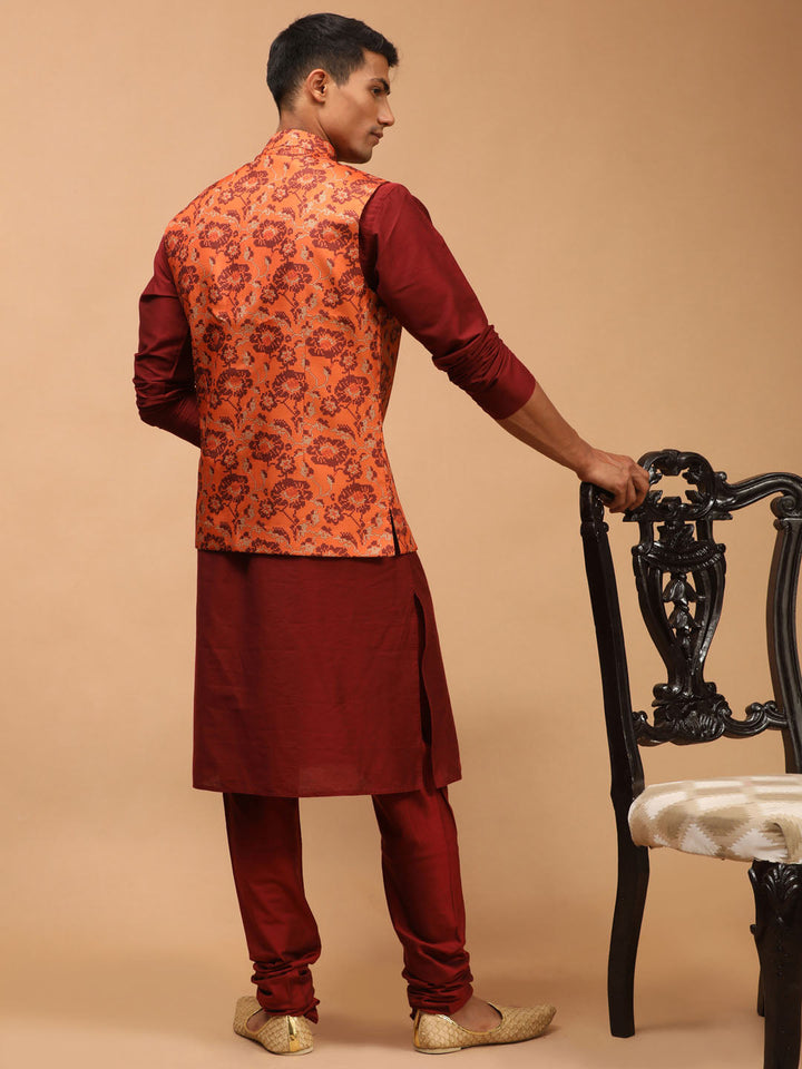 Sarvati Men's Rust Printed Nehru Jacket With Maroon Solid kurta & Pyjama Set