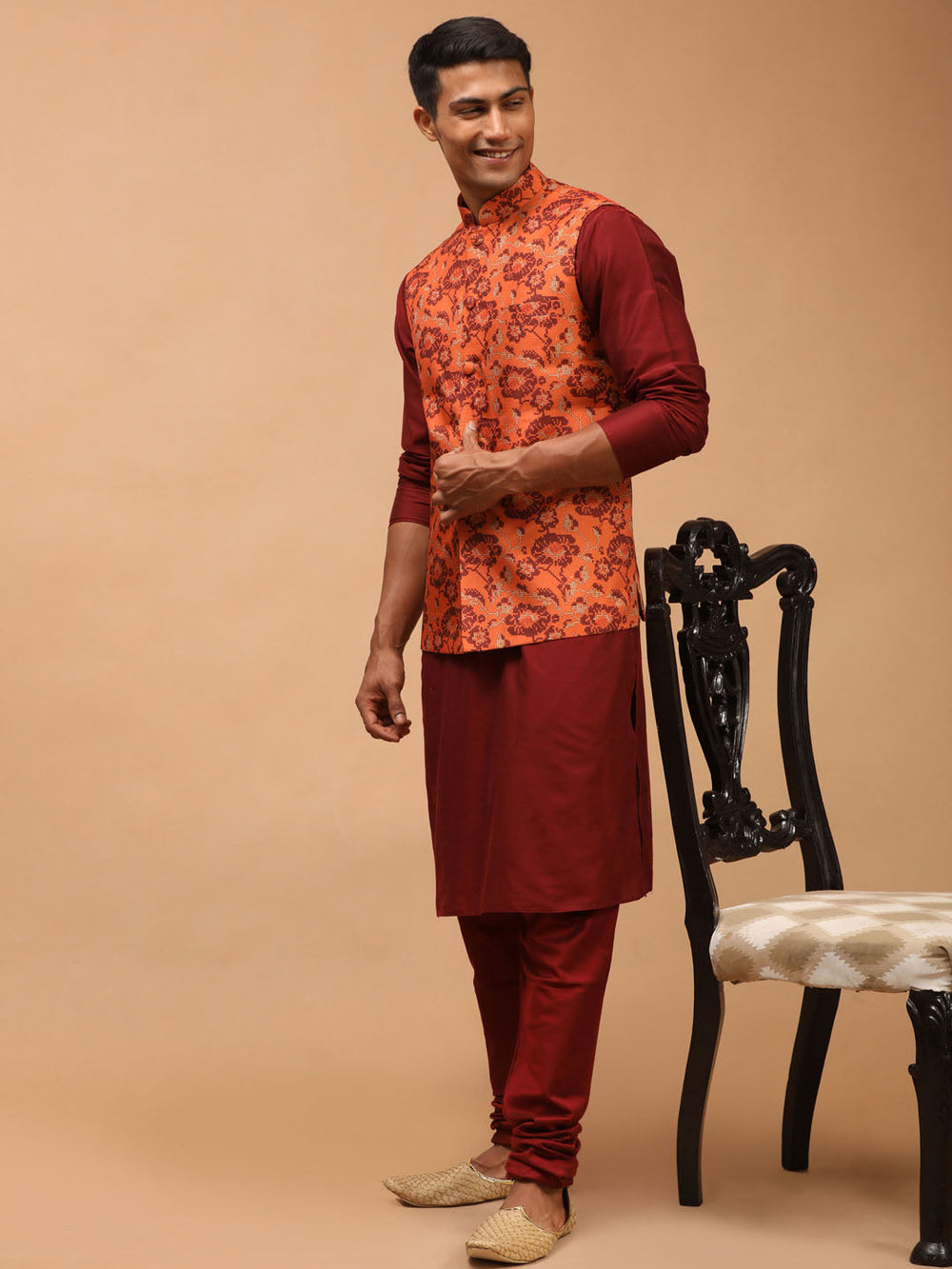 Sarvati Men's Rust Printed Nehru Jacket With Maroon Solid kurta & Pyjama Set