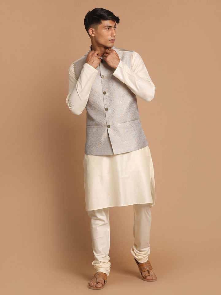 Sarvati Men's Grey Woven Jacket And Cream Solid Kurta With Pajama Set