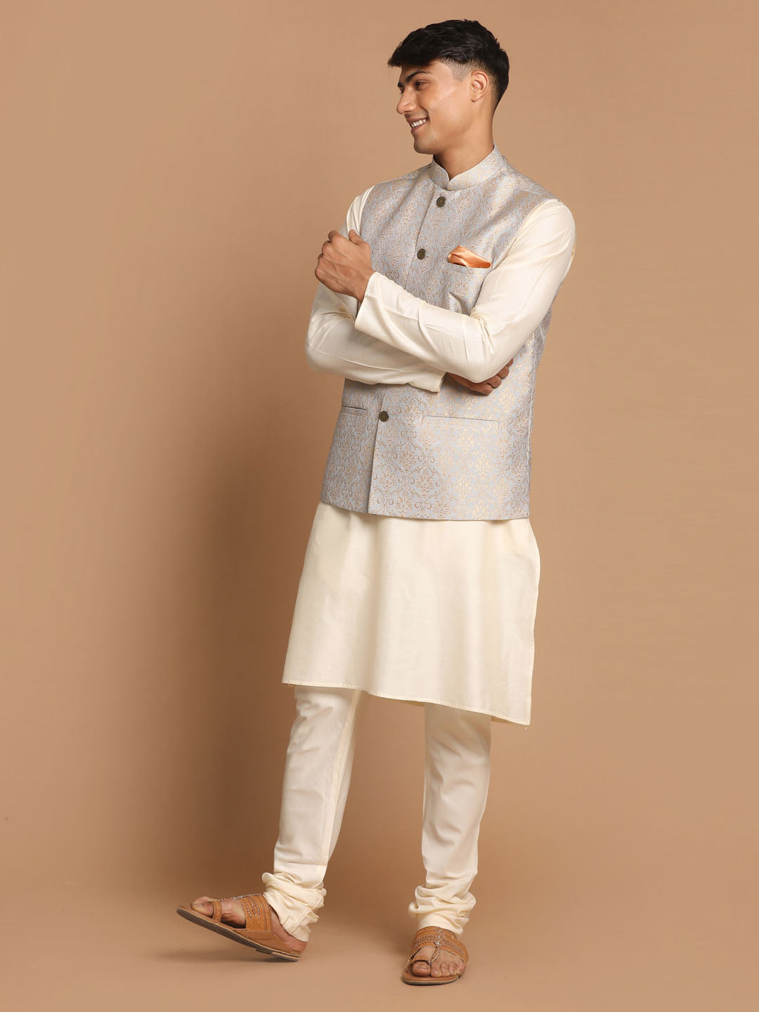 Sarvati Men's Grey Woven Jacket And Cream Solid Kurta With Pajama Set