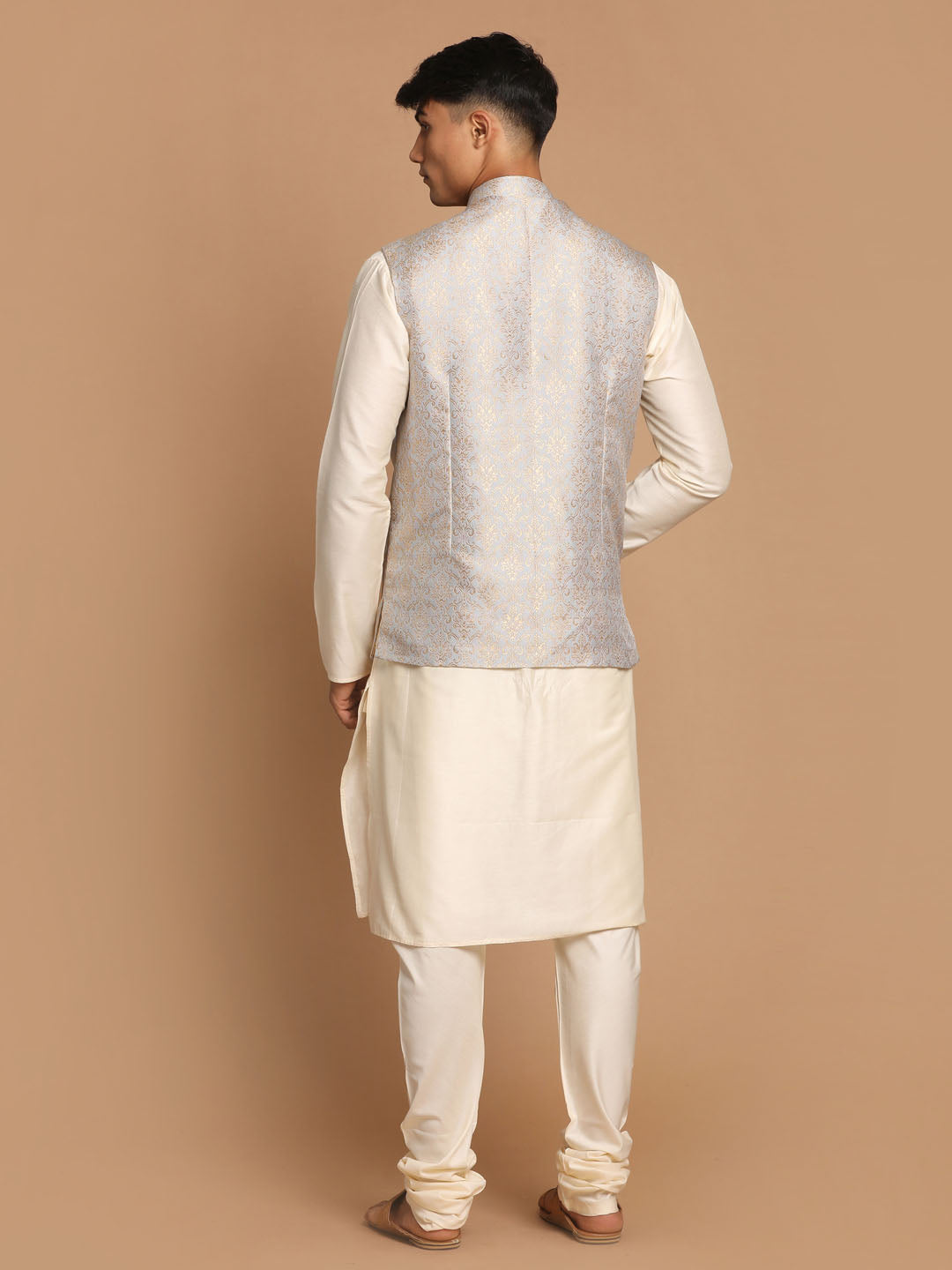 Sarvati Men's Grey Woven Jacket And Cream Solid Kurta With Pajama Set