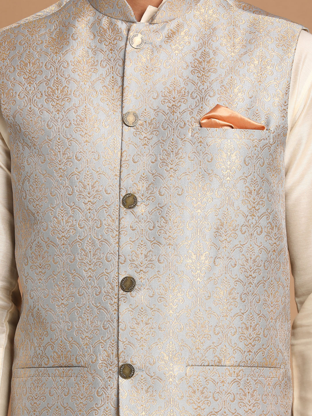 Sarvati Men's Grey Woven Jacket And Cream Solid Kurta With Pajama Set