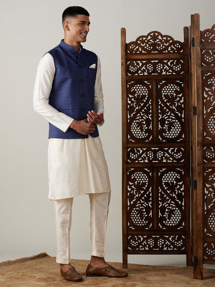 Sarvati Navy Blue Cotton Blend Solid Nehru Jacket With Cream Kurta And Pant Set