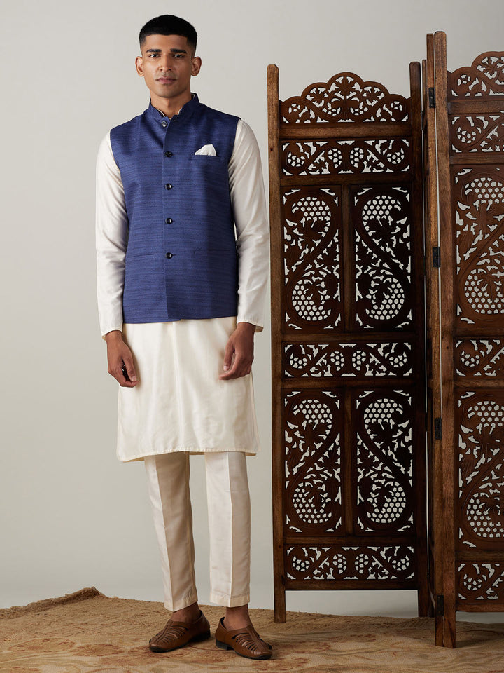 Sarvati Navy Blue Cotton Blend Solid Nehru Jacket With Cream Kurta And Pant Set