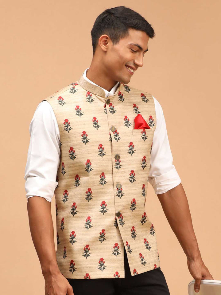 Men's Beige Rose Print Matka Silk Nehru Jacket - view 2