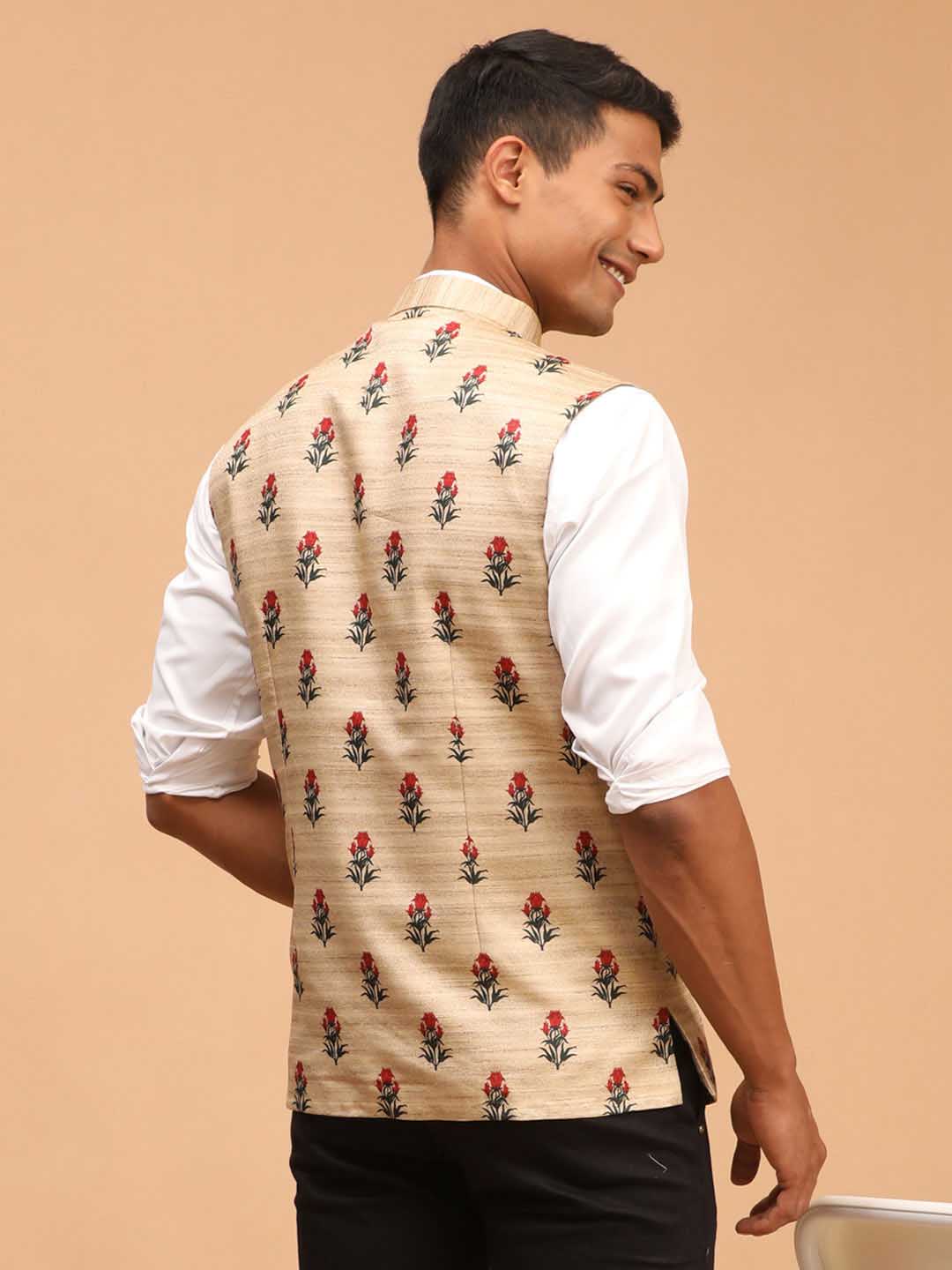 Men's Beige Rose Print Matka Silk Nehru Jacket - view 3